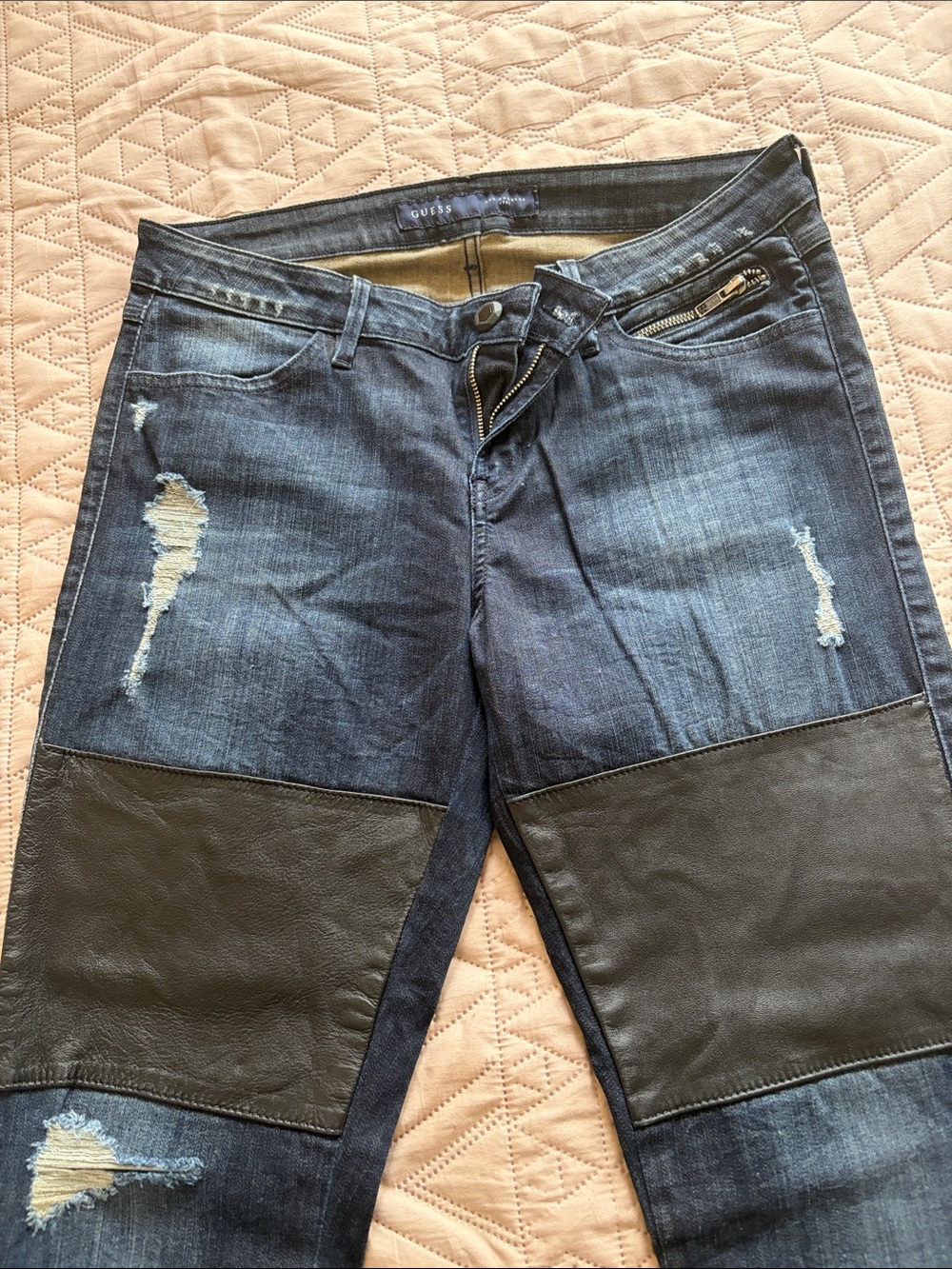 GUESS Distressed Denim Jeans with Black Knee Panels